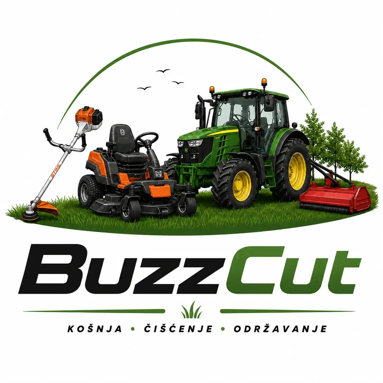 Logo BuzzCut s traktorom, sjedećom kosilicom i trimerom: košnja, čišćenje, održavanje